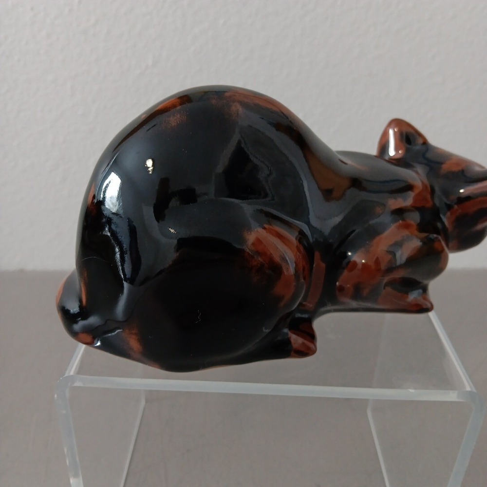 Crouching Calico Cat Figurine Drip Glazed Ceramic 8" Long Hunter Black Brown MCM - Picture 5 of 12
